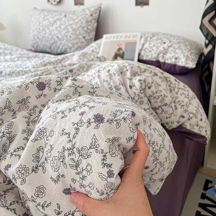 91家纺网 家纺一手货源 找家纺 朵朵家纺 2026新款高级感轻奢复古美拉德色系双层纱泡芙棉床品四件套加厚水洗双层纱软 春风拂梦