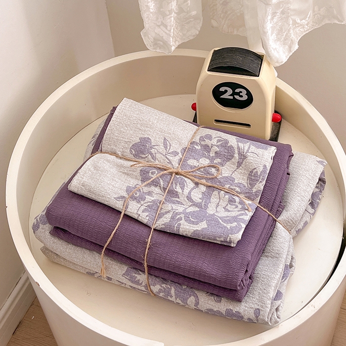 91家纺网 家纺一手货源 找家纺 朵朵家纺 2026新款高级感轻奢复古美拉德色系双层纱泡芙棉床品四件套加厚水洗双层纱软 花姿