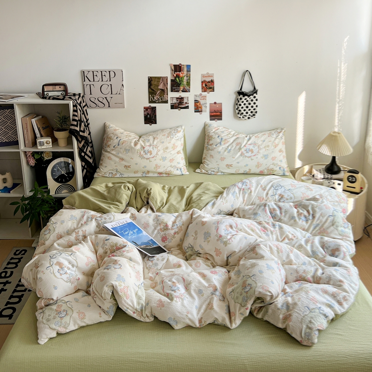 91家纺网 家纺一手货源 找家纺 朵朵家纺 2026新款高级感轻奢复古美拉德色系双层纱泡芙棉床品四件套加厚水洗双层纱软 爱丽丝兔