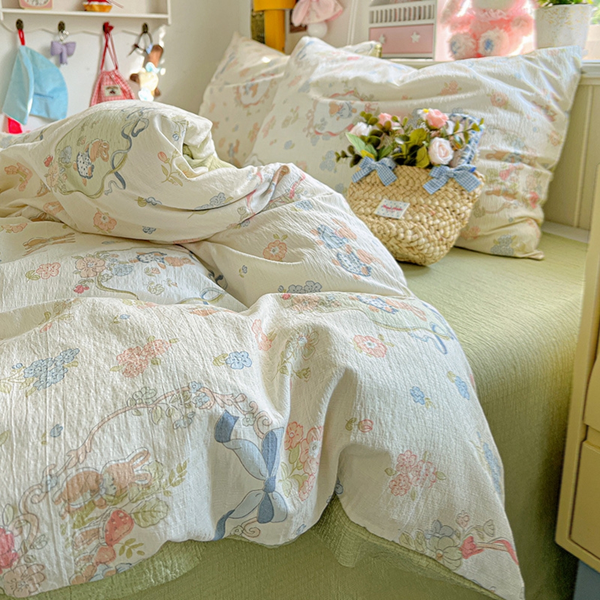 91家纺网 家纺一手货源 找家纺 朵朵家纺 2026新款高级感轻奢复古美拉德色系双层纱泡芙棉床品四件套加厚水洗双层纱软 爱丽丝兔