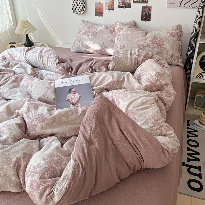 91家纺网 家纺一手货源 找家纺 朵朵家纺 2026新款高级感轻奢复古美拉德色系双层纱泡芙棉床品四件套加厚水洗双层纱软 知音咖