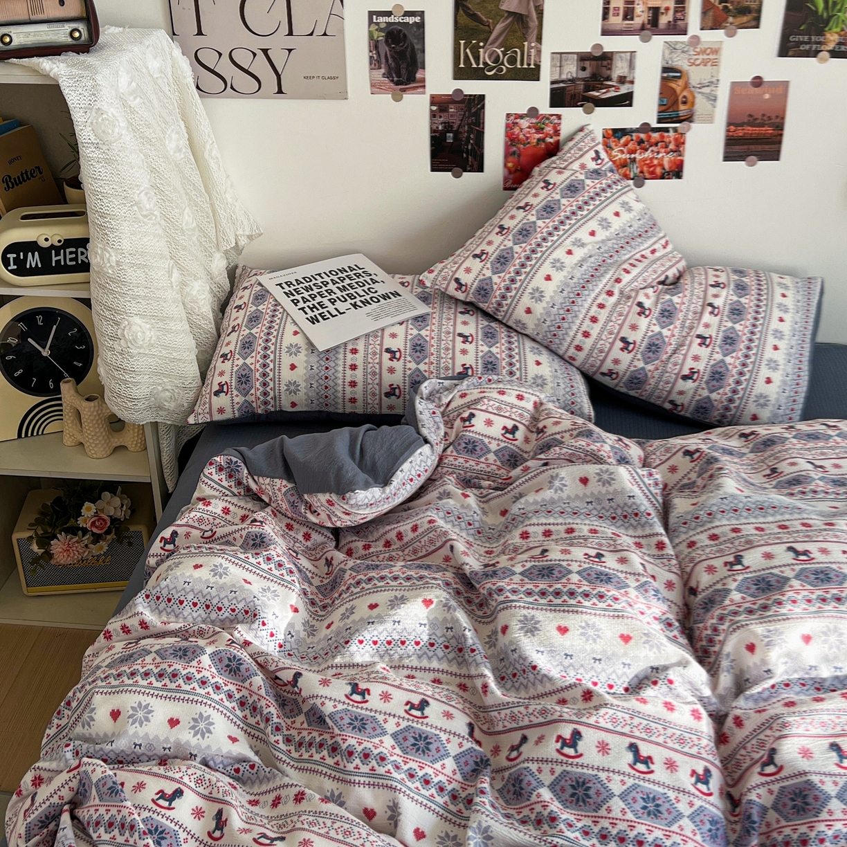 91家纺网 家纺一手货源 找家纺 朵朵家纺 2026新款高级感轻奢复古美拉德色系双层纱泡芙棉床品四件套加厚水洗双层纱软 马上有福2