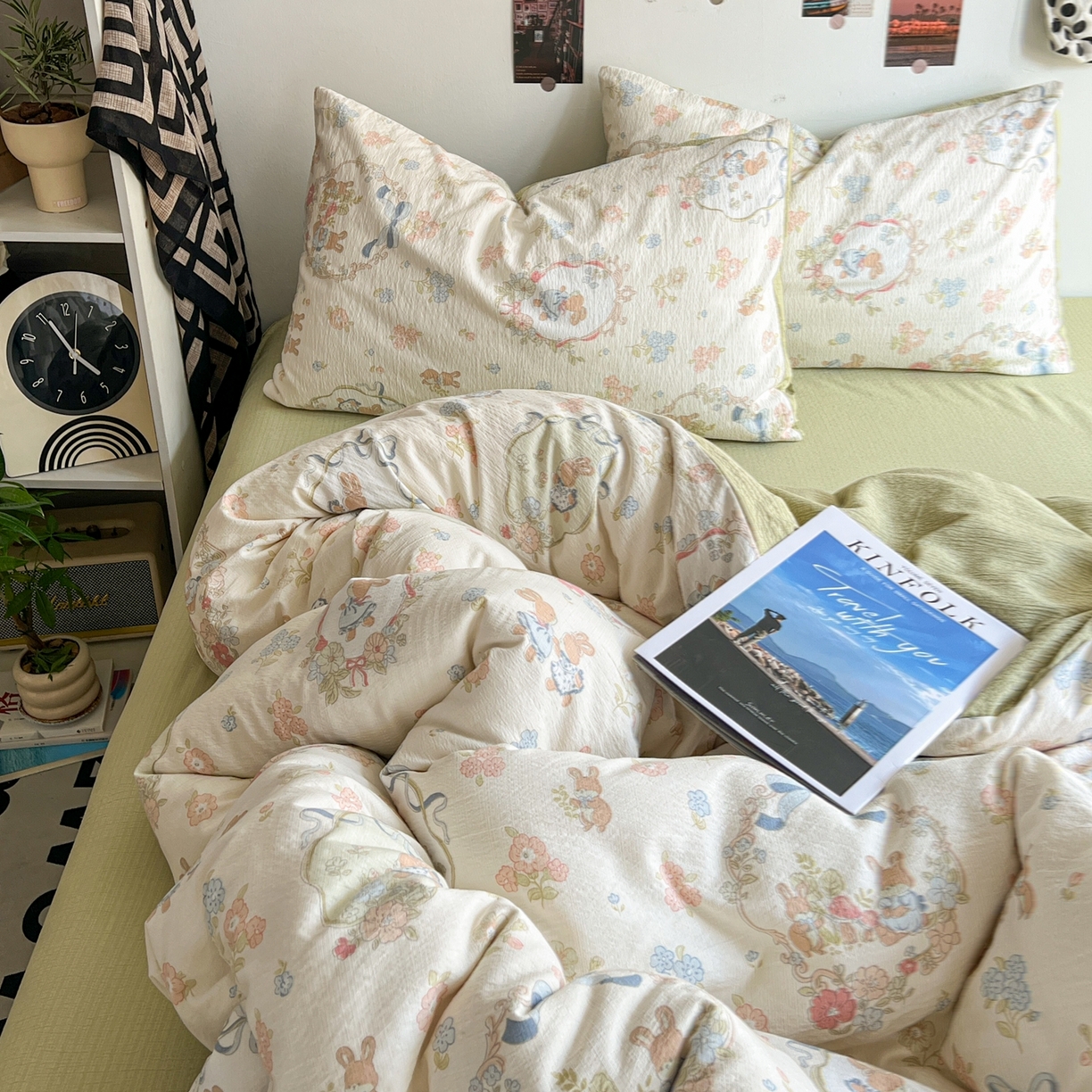 91家纺网 家纺一手货源 找家纺 朵朵家纺 2026新款高级感轻奢复古美拉德色系双层纱泡芙棉床品四件套加厚水洗双层纱软 爱丽丝兔