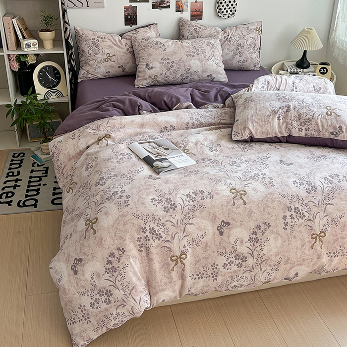 91家纺网 家纺一手货源 找家纺 朵朵家纺 2026新款高级感轻奢复古美拉德色系双层纱泡芙棉床品四件套加厚水洗双层纱软 花姿