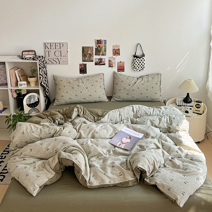 91家纺网 家纺一手货源 找家纺 朵朵家纺 2026新款高级感轻奢复古美拉德色系双层纱泡芙棉床品四件套加厚水洗双层纱软 绿樱