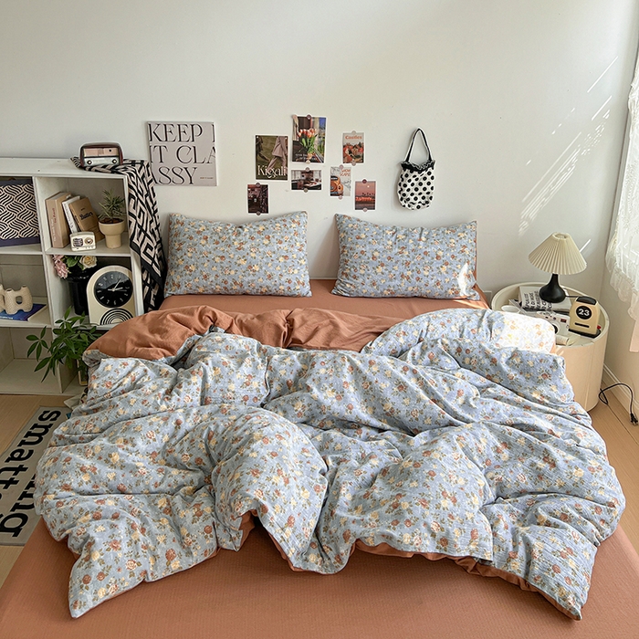 91家纺网 家纺一手货源 找家纺 朵朵家纺 2026新款高级感轻奢复古美拉德色系双层纱泡芙棉床品四件套加厚水洗双层纱软 醉玲珑