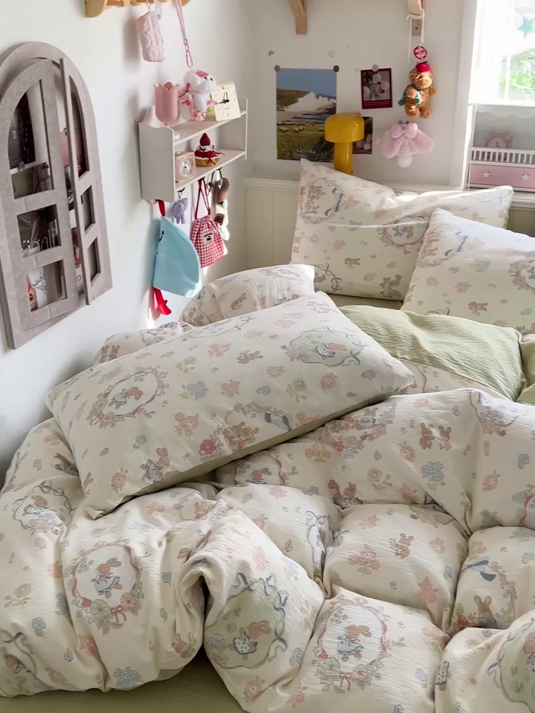 91家纺网 家纺一手货源 找家纺 朵朵家纺 2026新款高级感轻奢复古美拉德色系双层纱泡芙棉床品四件套加厚水洗双层纱软 爱丽丝兔