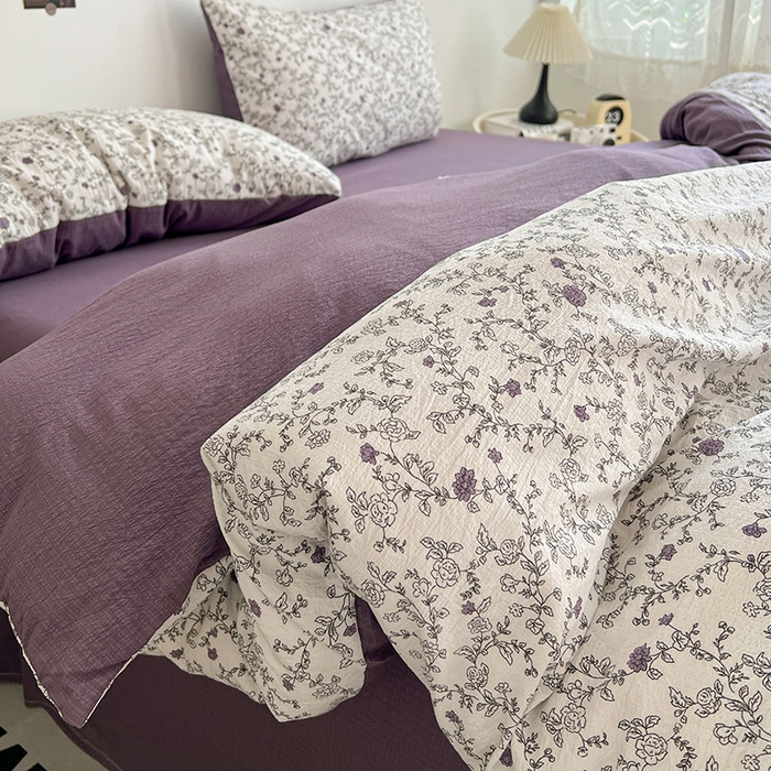 91家纺网 家纺一手货源 找家纺 朵朵家纺 2026新款高级感轻奢复古美拉德色系双层纱泡芙棉床品四件套加厚水洗双层纱软 春风拂梦