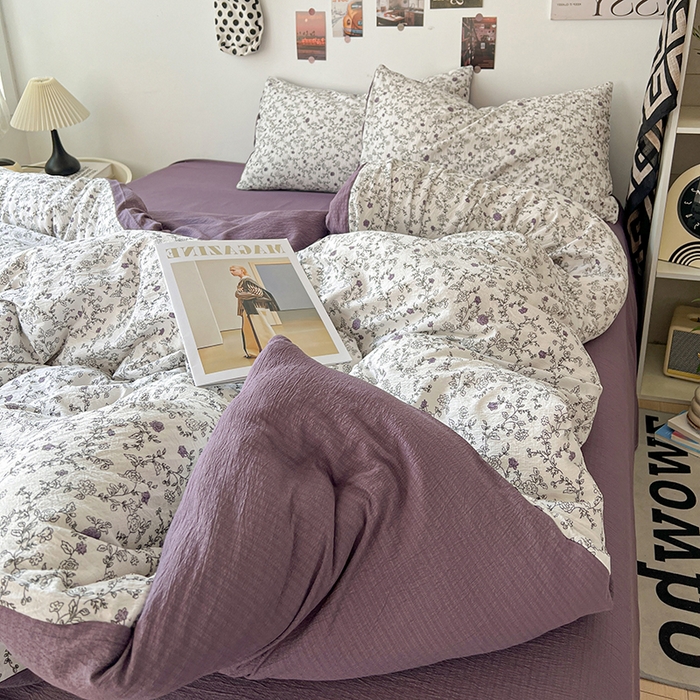 91家纺网 家纺一手货源 找家纺 朵朵家纺 2026新款高级感轻奢复古美拉德色系双层纱泡芙棉床品四件套加厚水洗双层纱软 春风拂梦