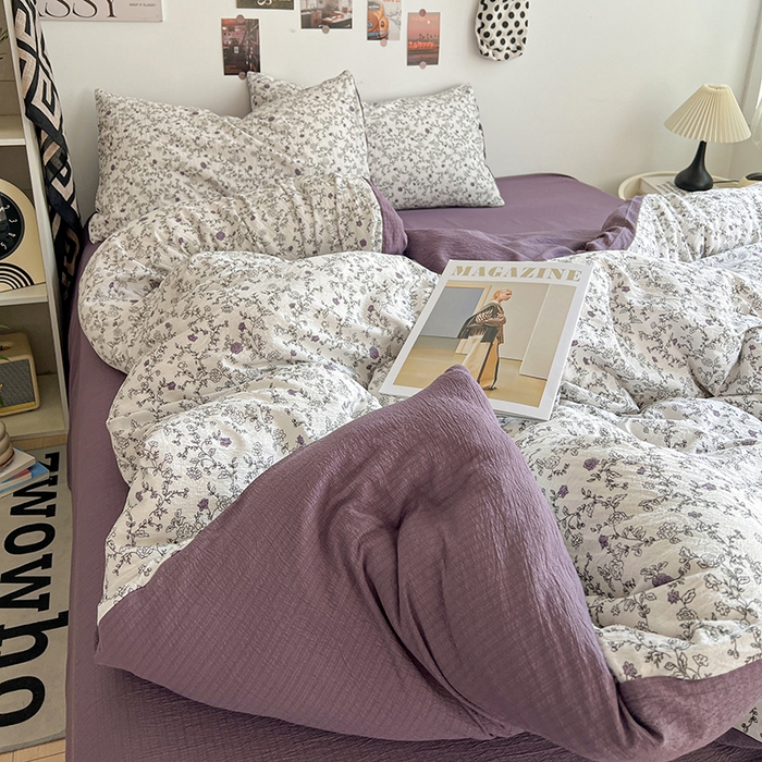 91家纺网 家纺一手货源 找家纺 朵朵家纺 2026新款高级感轻奢复古美拉德色系双层纱泡芙棉床品四件套加厚水洗双层纱软 春风拂梦