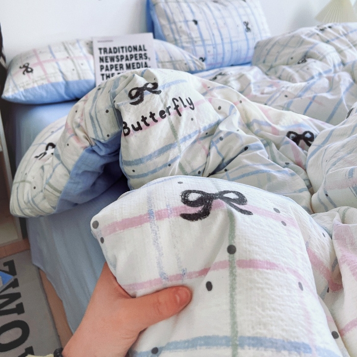 91家纺网 家纺一手货源 找家纺 朵朵家纺 2026新款高级感轻奢复古美拉德色系双层纱泡芙棉床品四件套加厚水洗双层纱软 盐系格绊