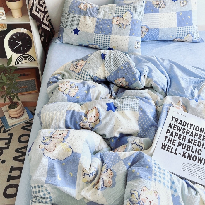 91家纺网 家纺一手货源 找家纺 朵朵家纺 2026新款高级感轻奢复古美拉德色系双层纱泡芙棉床品四件套加厚水洗双层纱软 蓝色泡芙狗