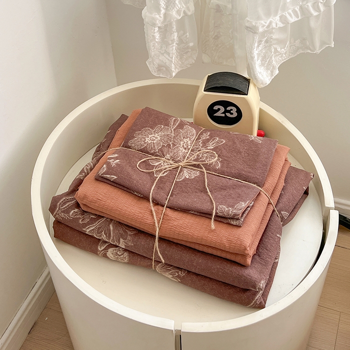 91家纺网 家纺一手货源 找家纺 朵朵家纺 2026新款高级感轻奢复古美拉德色系双层纱泡芙棉床品四件套加厚水洗双层纱软 晚棠