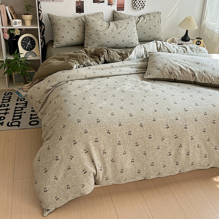 91家纺网 家纺一手货源 找家纺 朵朵家纺 2026新款高级感轻奢复古美拉德色系双层纱泡芙棉床品四件套加厚水洗双层纱软 绿樱