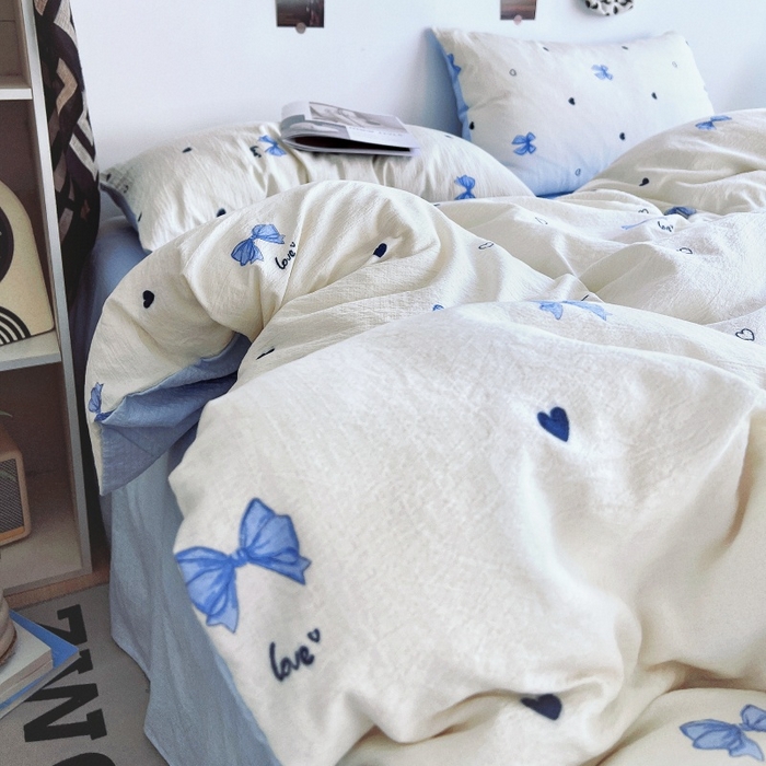 91家纺网 家纺一手货源 找家纺 朵朵家纺 2026新款高级感轻奢复古美拉德色系双层纱泡芙棉床品四件套加厚水洗双层纱软 奶蓝甜结