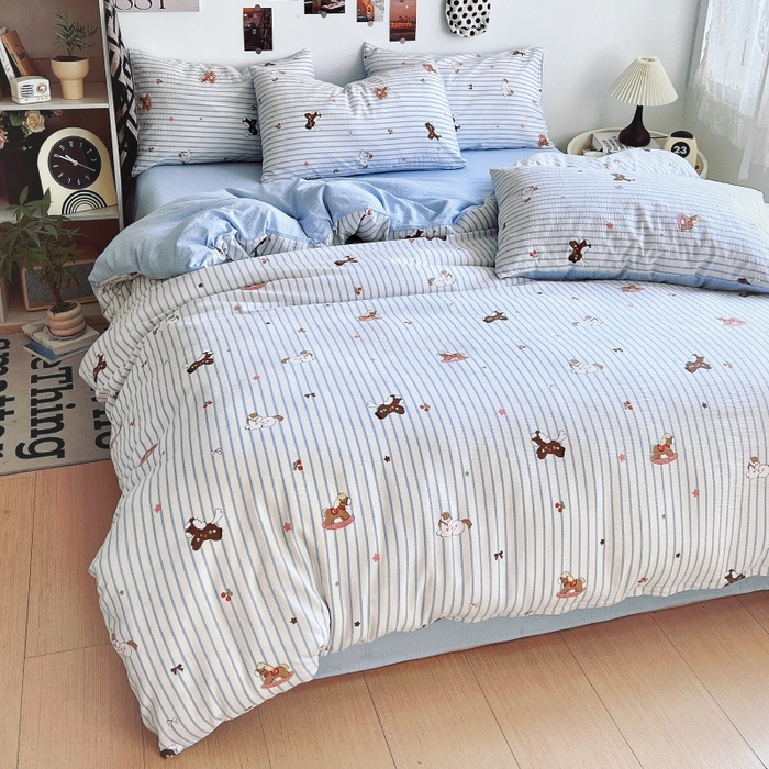 91家纺网 家纺一手货源 找家纺 朵朵家纺 2026新款高级感轻奢复古美拉德色系双层纱泡芙棉床品四件套加厚水洗双层纱软 木马拾光