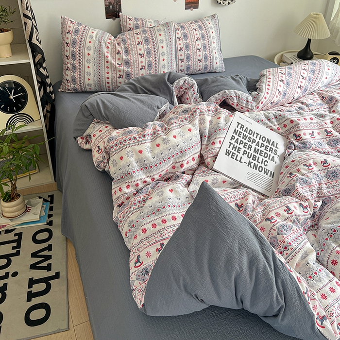 91家纺网 家纺一手货源 找家纺 朵朵家纺 2026新款高级感轻奢复古美拉德色系双层纱泡芙棉床品四件套加厚水洗双层纱软 马上有福