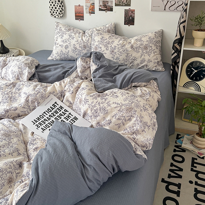 91家纺网 家纺一手货源 找家纺 朵朵家纺 2026新款高级感轻奢复古美拉德色系双层纱泡芙棉床品四件套加厚水洗双层纱软 青花瓷