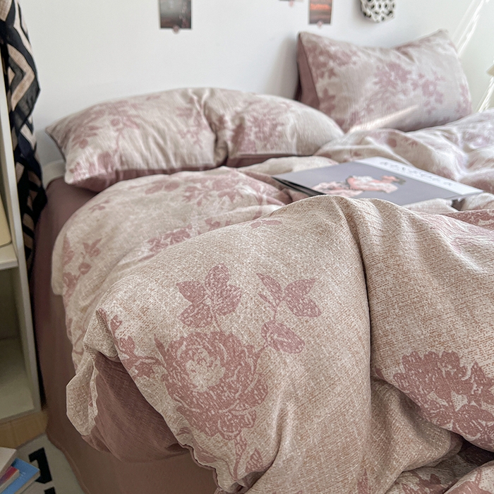 91家纺网 家纺一手货源 找家纺 朵朵家纺 2026新款高级感轻奢复古美拉德色系双层纱泡芙棉床品四件套加厚水洗双层纱软 知音咖