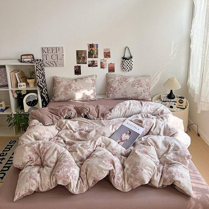 91家纺网 家纺一手货源 找家纺 朵朵家纺 2026新款高级感轻奢复古美拉德色系双层纱泡芙棉床品四件套加厚水洗双层纱软 知音咖