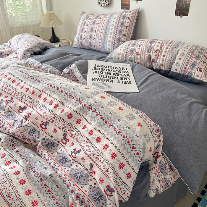 91家纺网 家纺一手货源 找家纺 朵朵家纺 2026新款高级感轻奢复古美拉德色系双层纱泡芙棉床品四件套加厚水洗双层纱软 马上有福