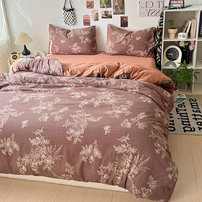 91家纺网 家纺一手货源 找家纺 朵朵家纺 2026新款高级感轻奢复古美拉德色系双层纱泡芙棉床品四件套加厚水洗双层纱软 晚棠