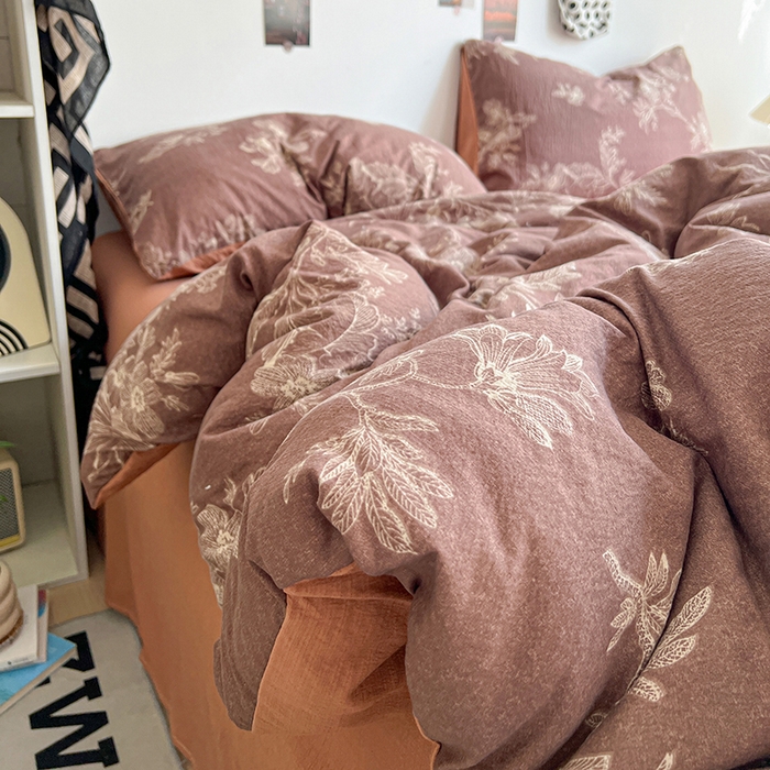 91家纺网 家纺一手货源 找家纺 朵朵家纺 2026新款高级感轻奢复古美拉德色系双层纱泡芙棉床品四件套加厚水洗双层纱软 晚棠
