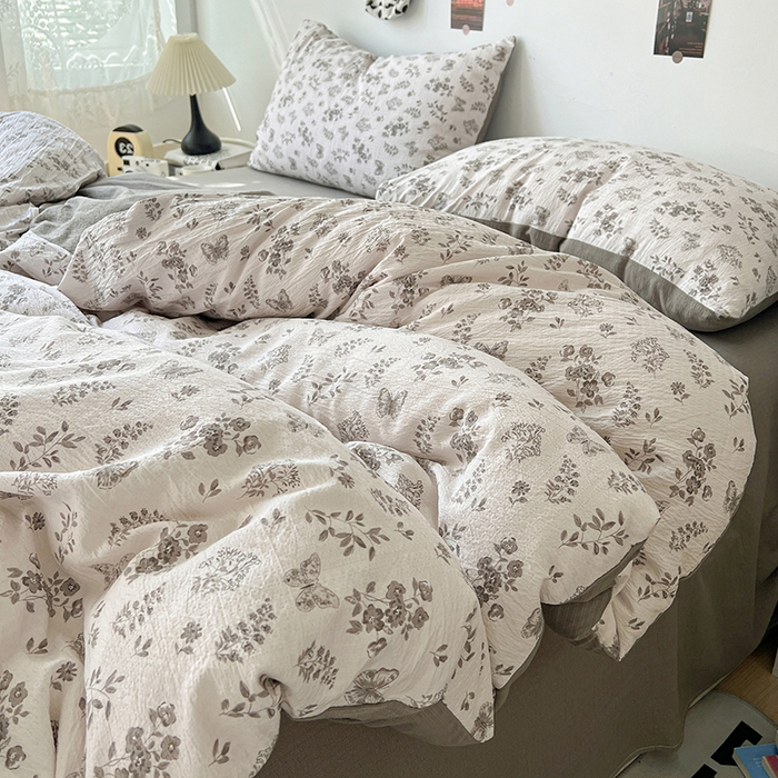 91家纺网 家纺一手货源 找家纺 朵朵家纺 2026新款高级感轻奢复古美拉德色系双层纱泡芙棉床品四件套加厚水洗双层纱软 素碟吟