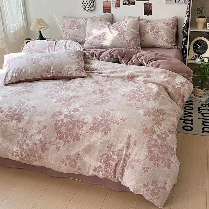 91家纺网 家纺一手货源 找家纺 朵朵家纺 2026新款高级感轻奢复古美拉德色系双层纱泡芙棉床品四件套加厚水洗双层纱软 知音咖