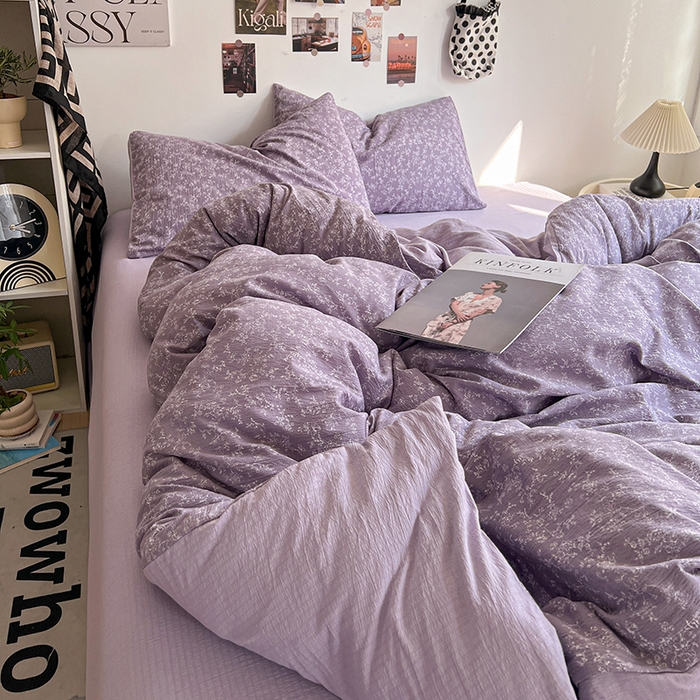91家纺网 家纺一手货源 找家纺 朵朵家纺 2026新款高级感轻奢复古美拉德色系双层纱泡芙棉床品四件套加厚水洗双层纱软 紫萝漫想
