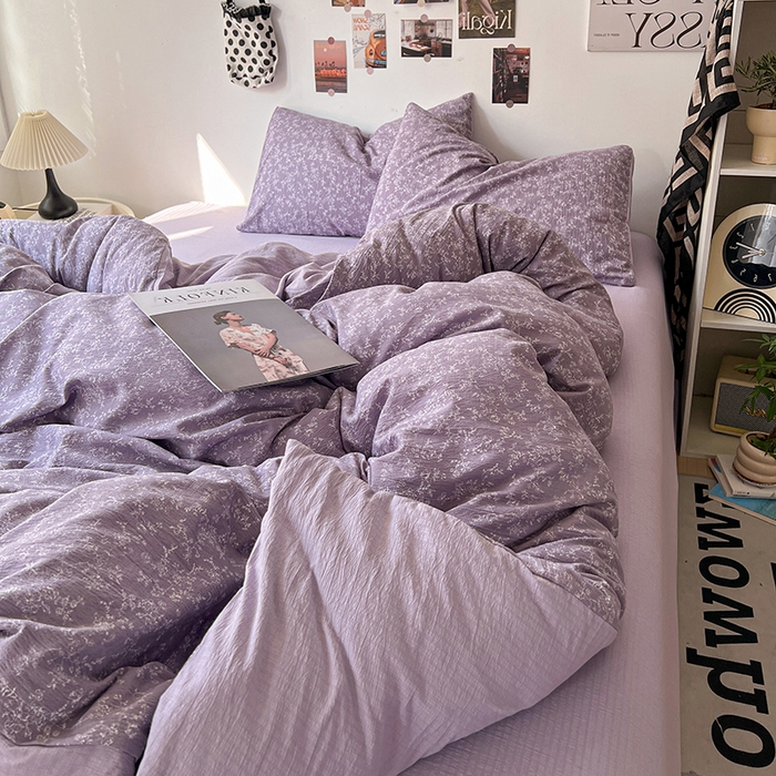 91家纺网 家纺一手货源 找家纺 朵朵家纺 2026新款高级感轻奢复古美拉德色系双层纱泡芙棉床品四件套加厚水洗双层纱软 紫萝漫想