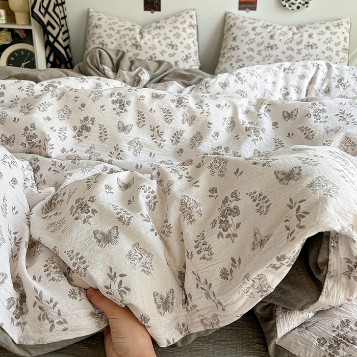 91家纺网 家纺一手货源 找家纺 朵朵家纺 2026新款高级感轻奢复古美拉德色系双层纱泡芙棉床品四件套加厚水洗双层纱软 素碟吟