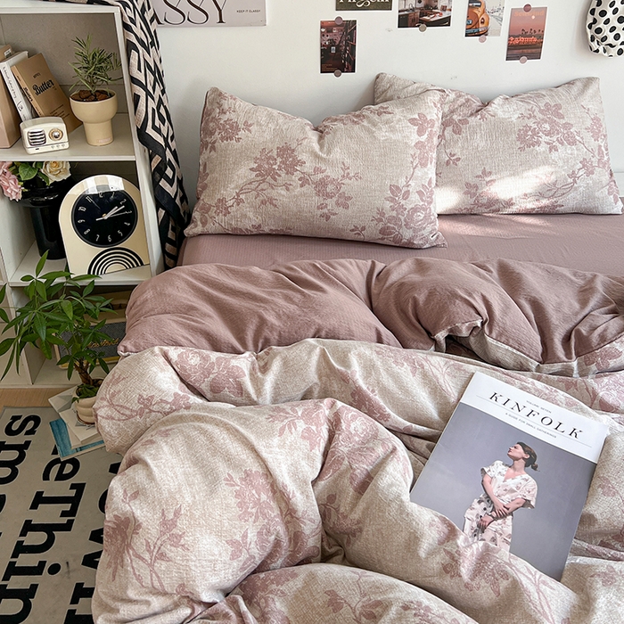 91家纺网 家纺一手货源 找家纺 朵朵家纺 2026新款高级感轻奢复古美拉德色系双层纱泡芙棉床品四件套加厚水洗双层纱软 知音咖