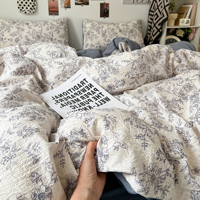 91家纺网 家纺一手货源 找家纺 朵朵家纺 2026新款高级感轻奢复古美拉德色系双层纱泡芙棉床品四件套加厚水洗双层纱软 青花瓷