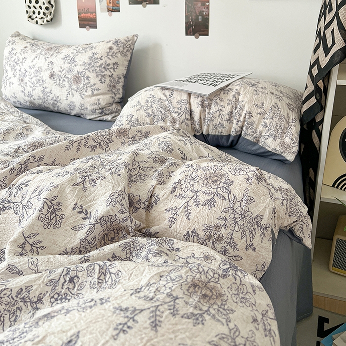 91家纺网 家纺一手货源 找家纺 朵朵家纺 2026新款高级感轻奢复古美拉德色系双层纱泡芙棉床品四件套加厚水洗双层纱软 青花瓷