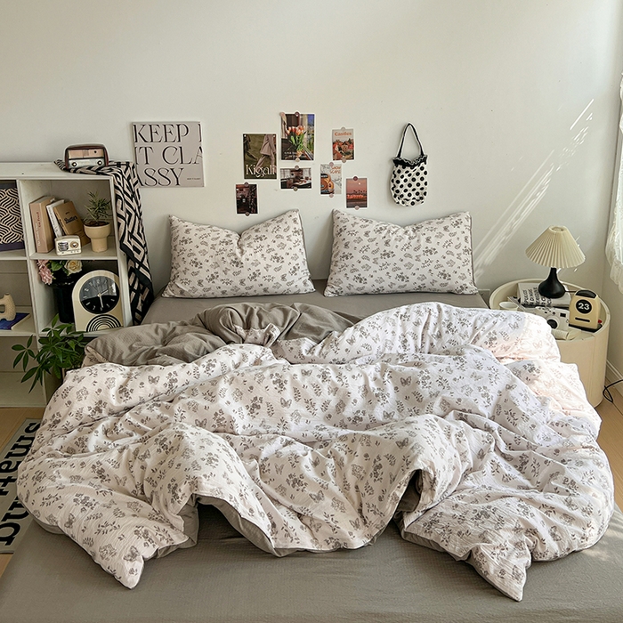 91家纺网 家纺一手货源 找家纺 朵朵家纺 2026新款高级感轻奢复古美拉德色系双层纱泡芙棉床品四件套加厚水洗双层纱软 素碟吟