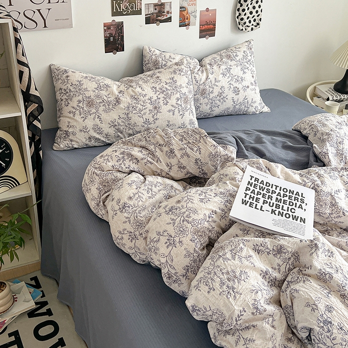 91家纺网 家纺一手货源 找家纺 朵朵家纺 2026新款高级感轻奢复古美拉德色系双层纱泡芙棉床品四件套加厚水洗双层纱软 青花瓷