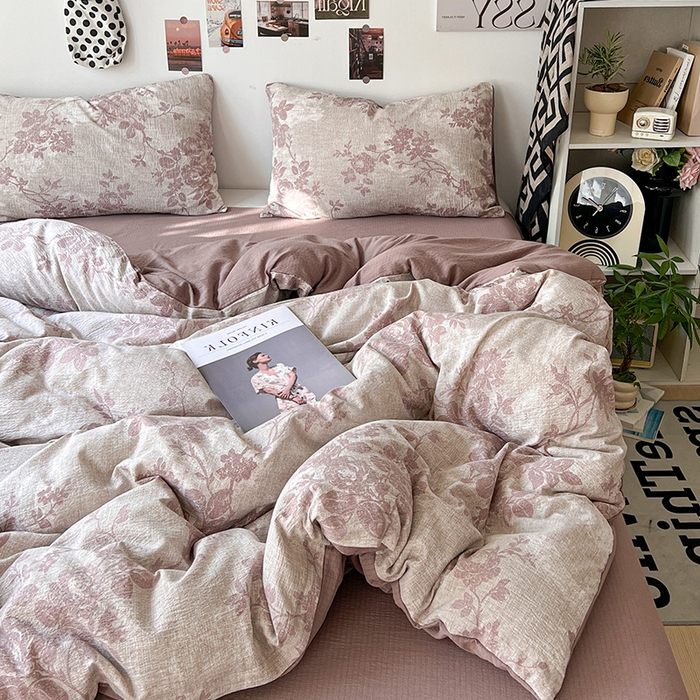 91家纺网 家纺一手货源 找家纺 朵朵家纺 2026新款高级感轻奢复古美拉德色系双层纱泡芙棉床品四件套加厚水洗双层纱软 知音咖