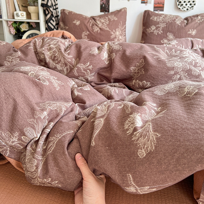 91家纺网 家纺一手货源 找家纺 朵朵家纺 2026新款高级感轻奢复古美拉德色系双层纱泡芙棉床品四件套加厚水洗双层纱软 晚棠