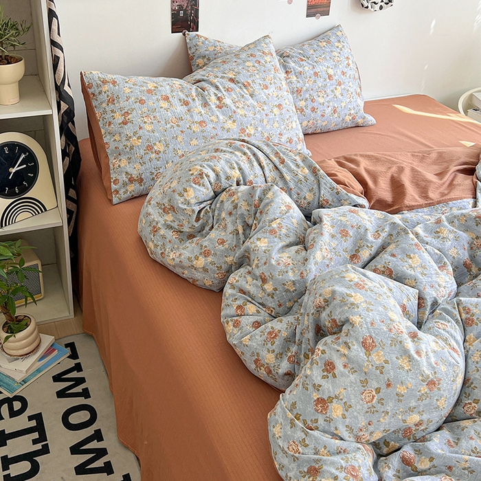 91家纺网 家纺一手货源 找家纺 朵朵家纺 2026新款高级感轻奢复古美拉德色系双层纱泡芙棉床品四件套加厚水洗双层纱软 醉玲珑