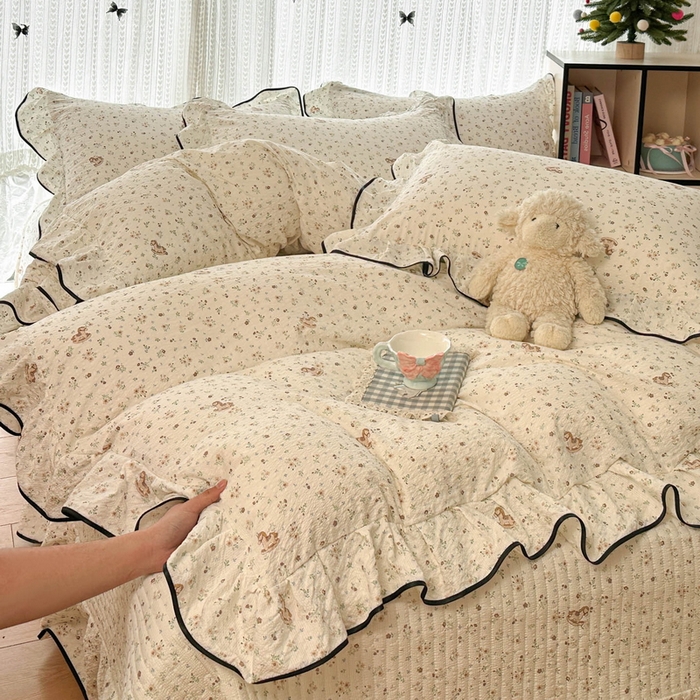 91家纺网 家纺一手货源 找家纺 （总）牵依 2026春夏新款A类云感花边款双层纱床盖四件套