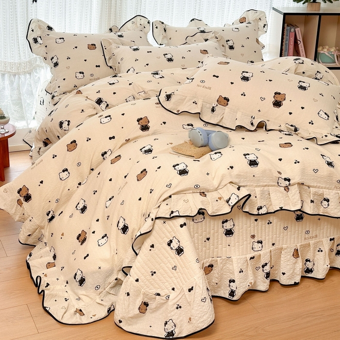 91家纺网 家纺一手货源 找家纺 牵依 2026春夏新款A类云感花边款双层纱床盖四件套 奥利奥小猫