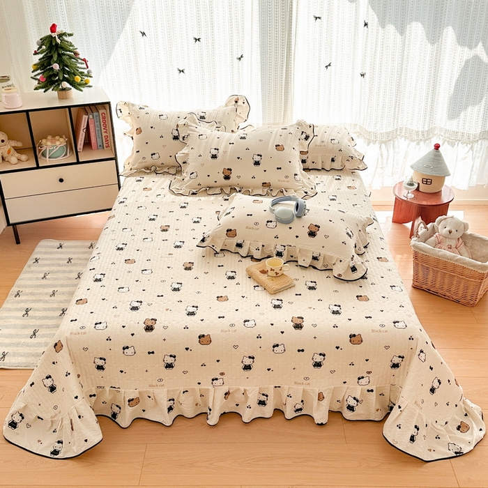 91家纺网 家纺一手货源 找家纺 牵依 2026春夏新款A类云感花边款双层纱床盖四件套 奥利奥小猫