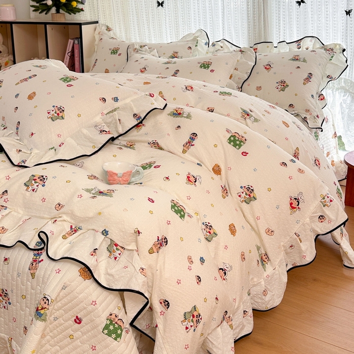 91家纺网 家纺一手货源 找家纺 牵依 2026春夏新款A类云感花边款双层纱床盖四件套 小新狂欢局