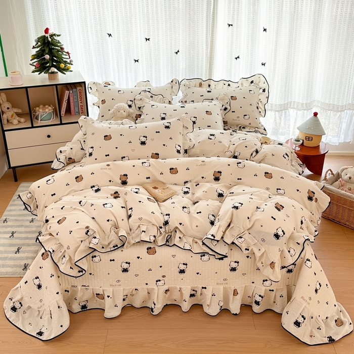 91家纺网 家纺一手货源 找家纺 牵依 2026春夏新款A类云感花边款双层纱床盖四件套 奥利奥小猫