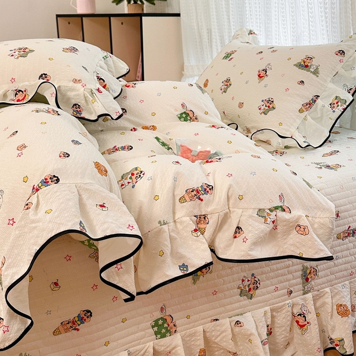 91家纺网 家纺一手货源 找家纺 牵依 2026春夏新款A类云感花边款双层纱床盖四件套 小新狂欢局