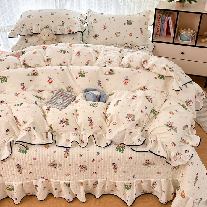 91家纺网 家纺一手货源 找家纺 牵依 2026春夏新款A类云感花边款双层纱床盖四件套 小新狂欢局