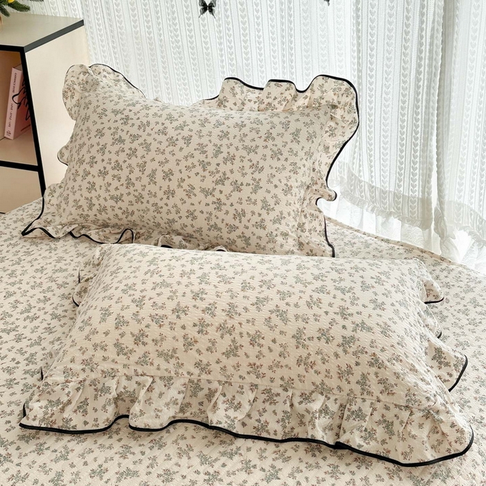 91家纺网 家纺一手货源 找家纺 牵依 2026春夏新款A类云感花边款双层纱床盖四件套 春日序曲