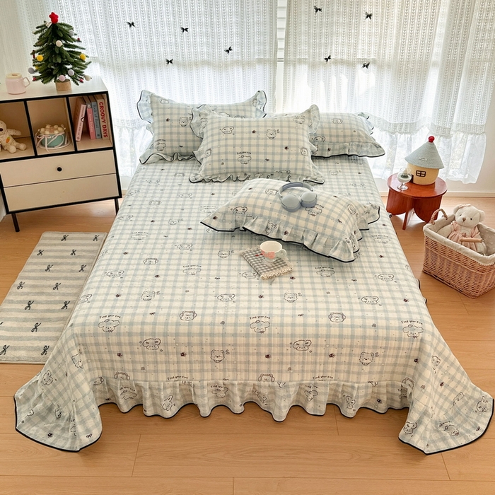 91家纺网 家纺一手货源 找家纺 牵依 2026春夏新款A类云感花边款双层纱床盖四件套 机智兰狗