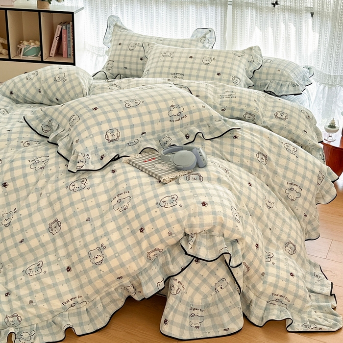 91家纺网 家纺一手货源 找家纺 牵依 2026春夏新款A类云感花边款双层纱床盖四件套 机智兰狗